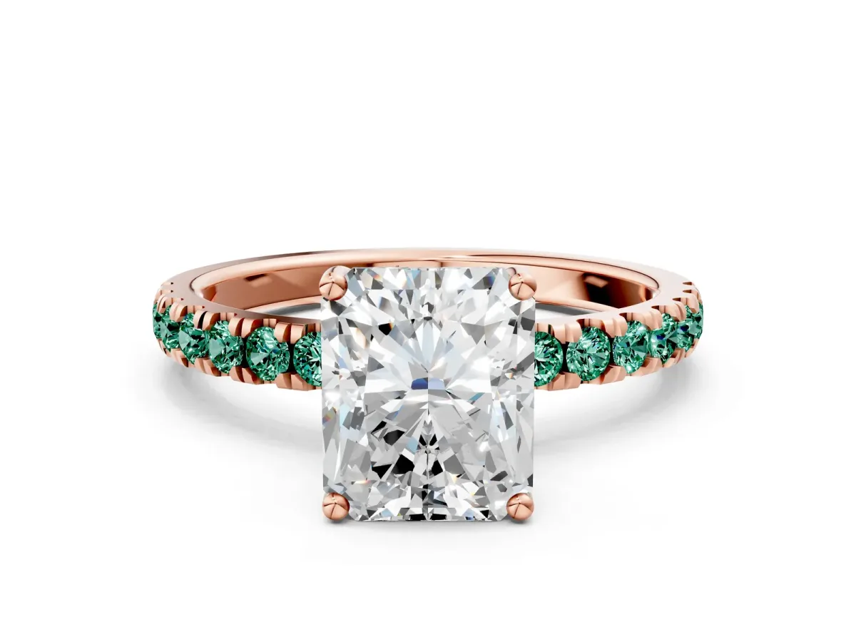 Radiant Cut Diamond Pave Band Solitaire Ring with Round Green Sapphire and Prong Setting Rose gold