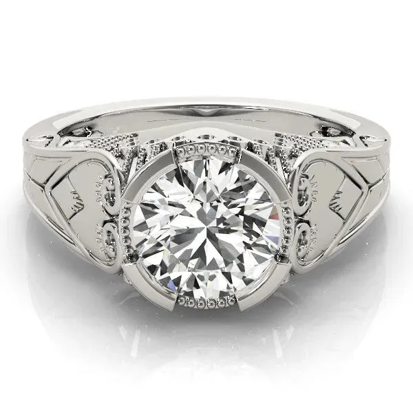 Round Cut Brilliant Solitaire Milgrain Bezel Engagement Ring Silver