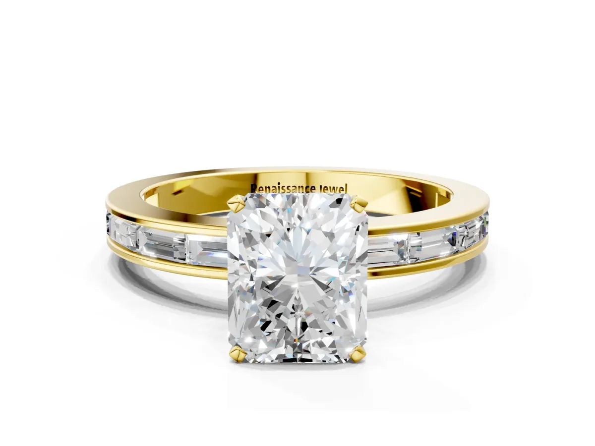 Radiant Cut Solitaire Diamond Ring with Channel-Set Baguette Band and Four-Prong Setting Yellow gold