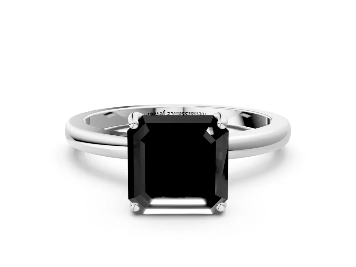 Fancy Black Asscher Cut Solitaire Diamond Ring with Prong Setting and Plain Band Silver