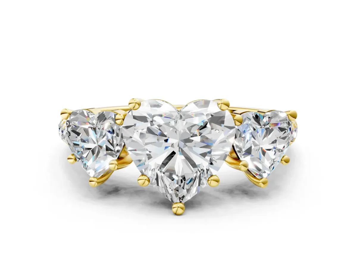 Fancy Green Three-Stone Heart Cut Diamond Ring with Round Pavé Band and Prong Setting Yellow gold