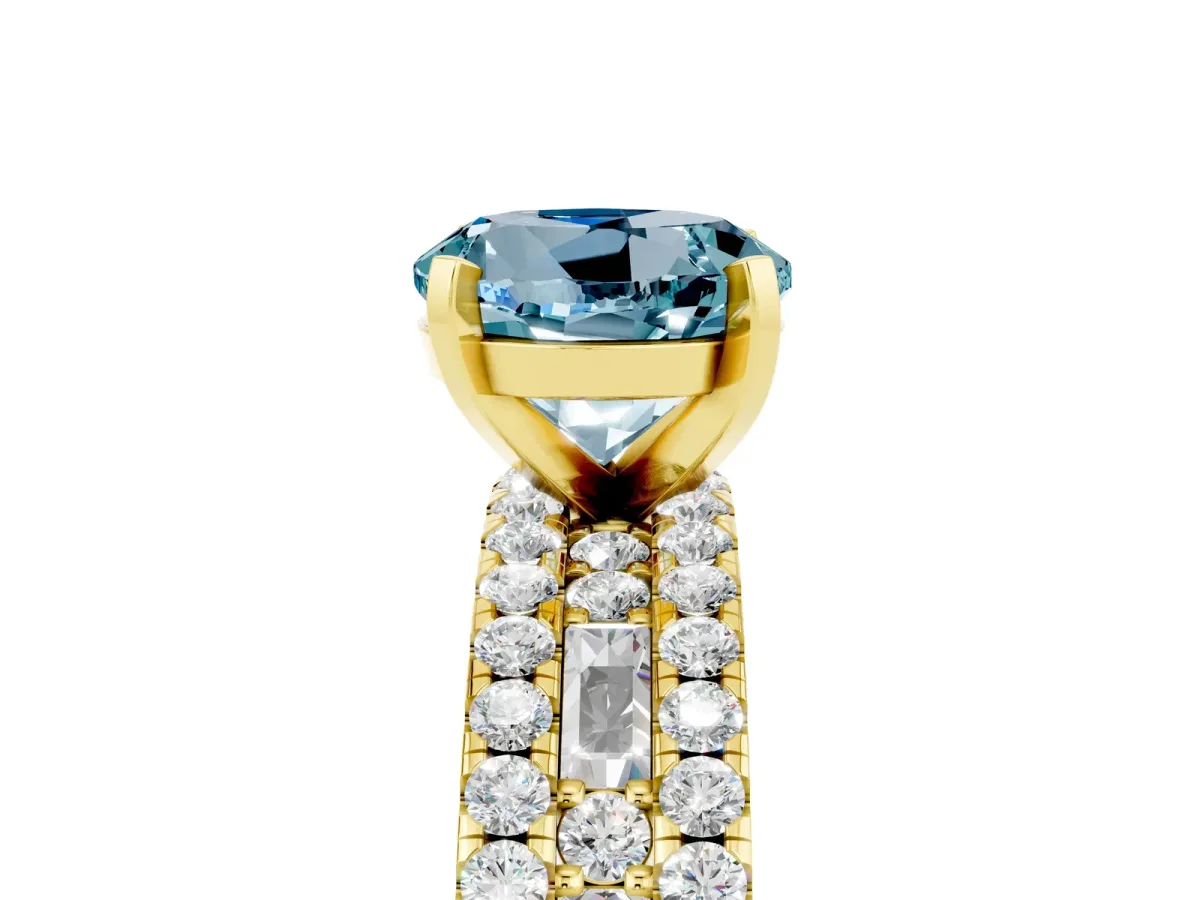 Round Cut Aquamarine Solitaire Ring with Pavé and Channel Set Band Yellow gold