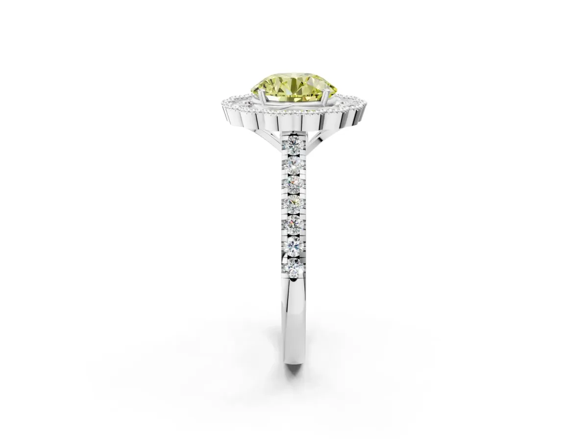 Fancy Yellow Round Cut Cut Diamond Milgrain Floral Halo Engagement Ring with Pavé Band Silver