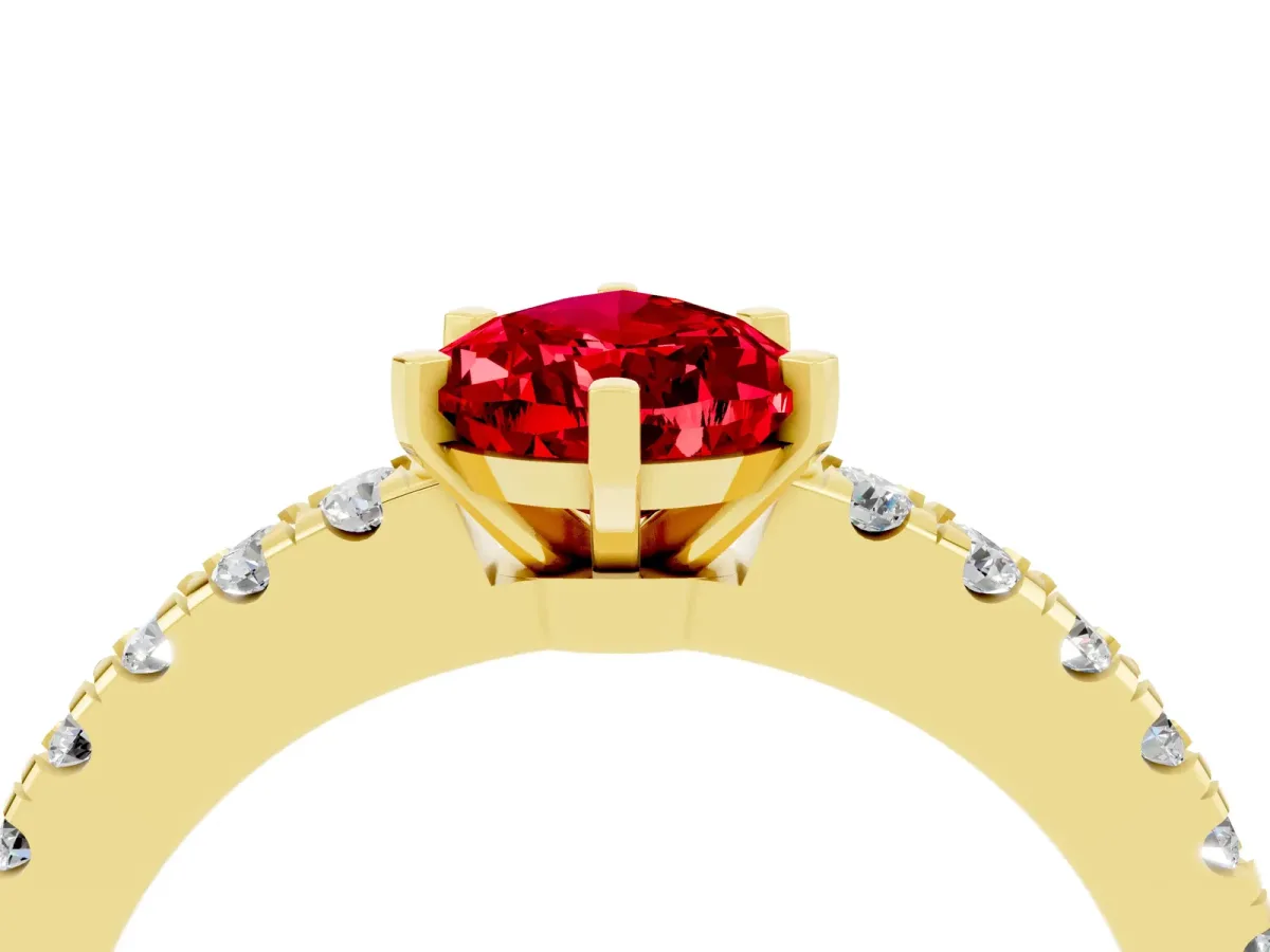 Pear Cut Solitaire Ruby with Pavé Band and Four-Prong Setting Yellow gold