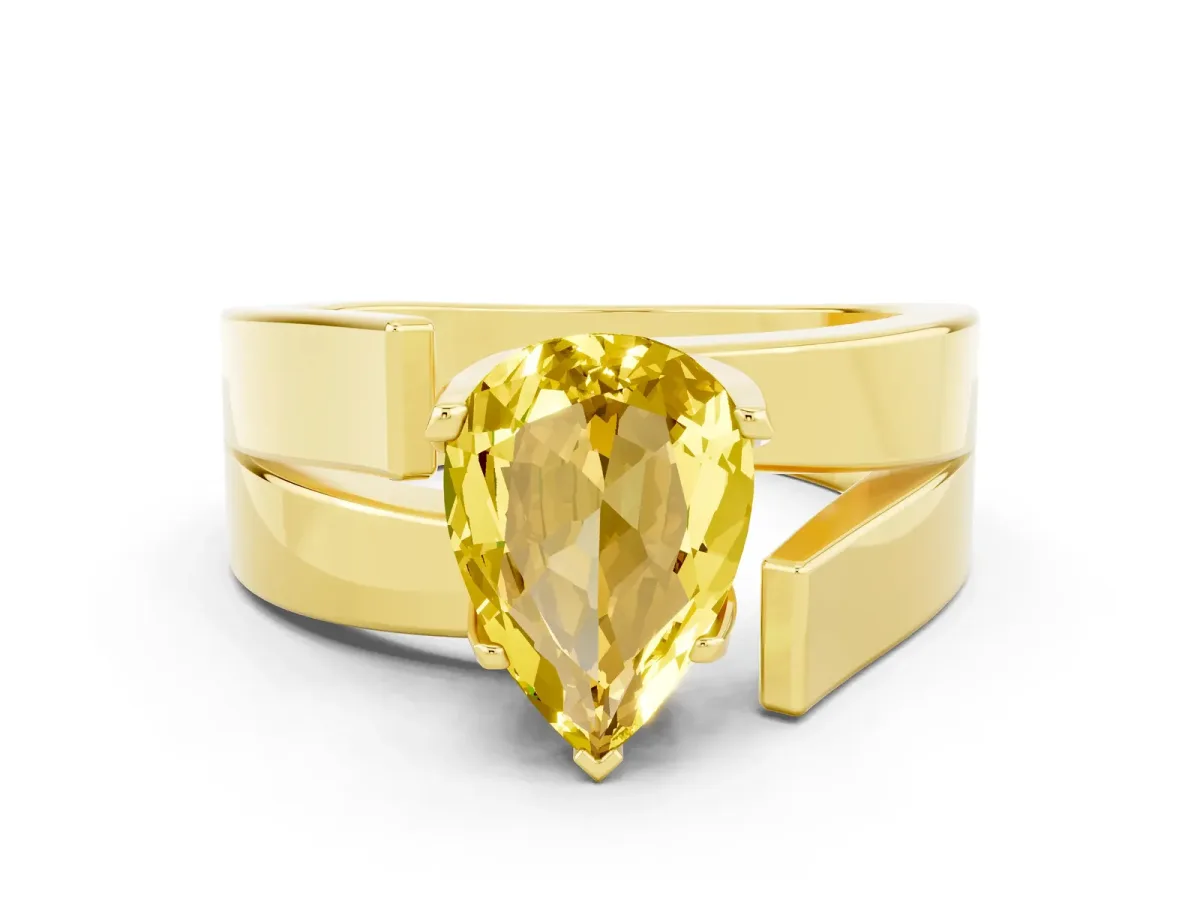 Modern Tension Set Pear Cut Yellow Sapphire Solitaire Wide Band Ring Yellow gold