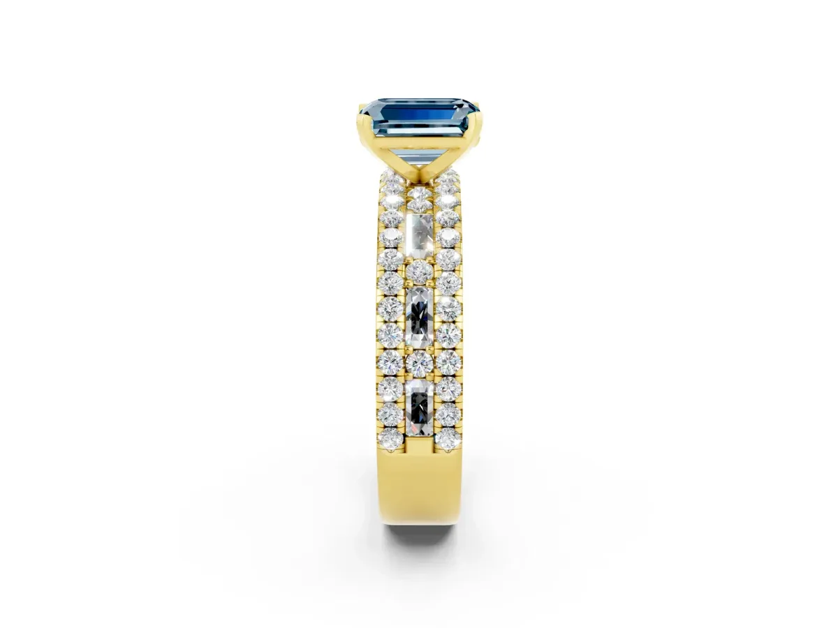 Emerald Cut Aquamarine Solitaire Ring with Pavé and Channel Set Band Yellow gold