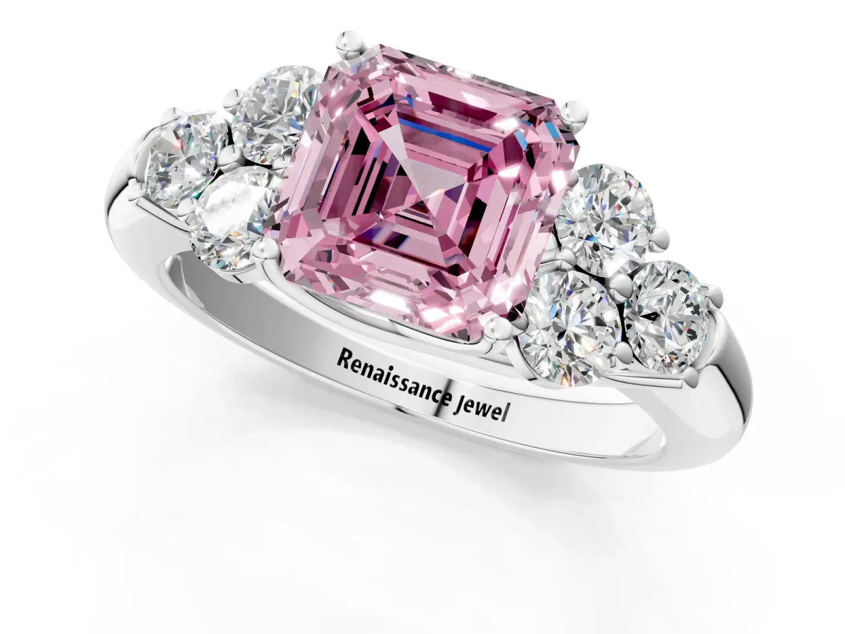 Fancy Pink Asscher Cut Cut Diamond Cluster Ring with Round Accent Stones and Prong Setting on a Classic Band Platinum