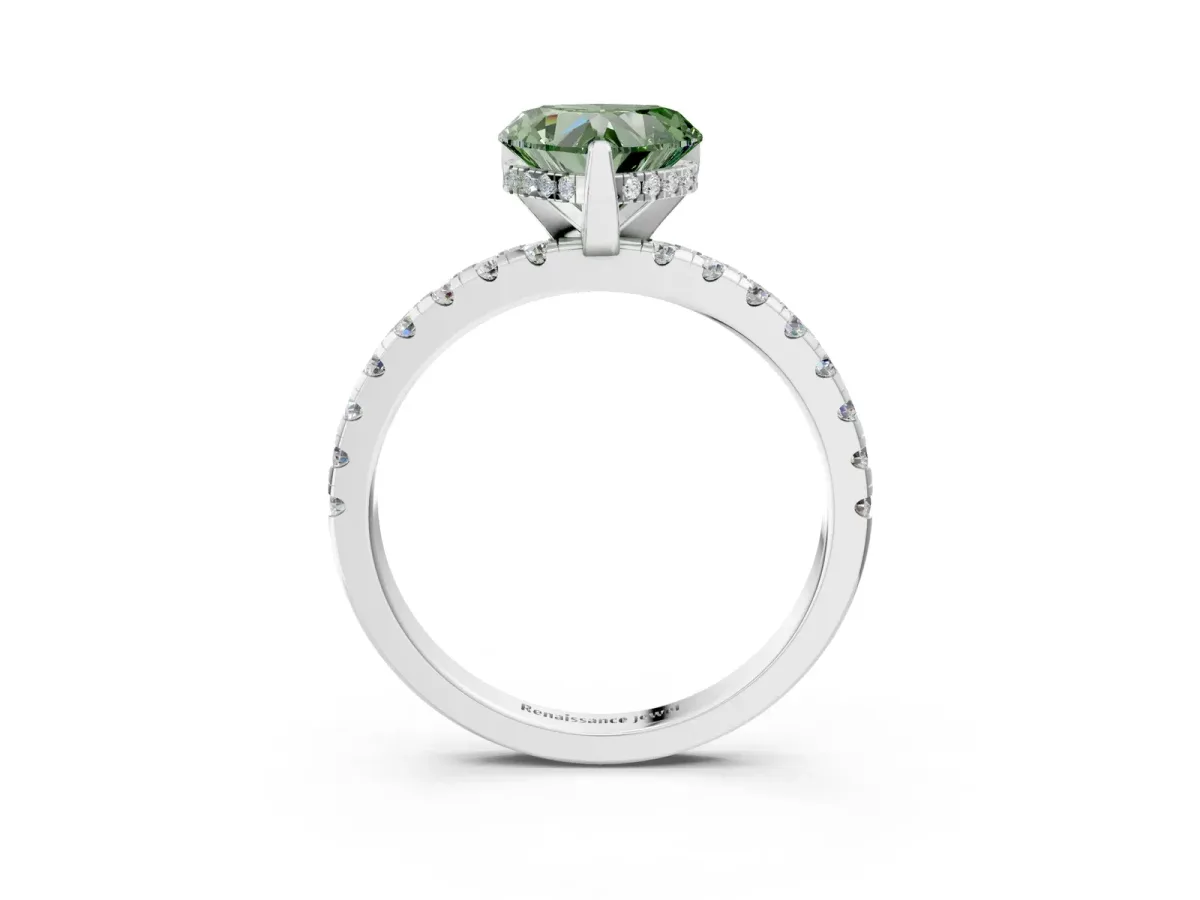 Fancy Green Heart Cut Diamond Solitaire Ring with Round Pavé Band and Four-Prong Setting White gold