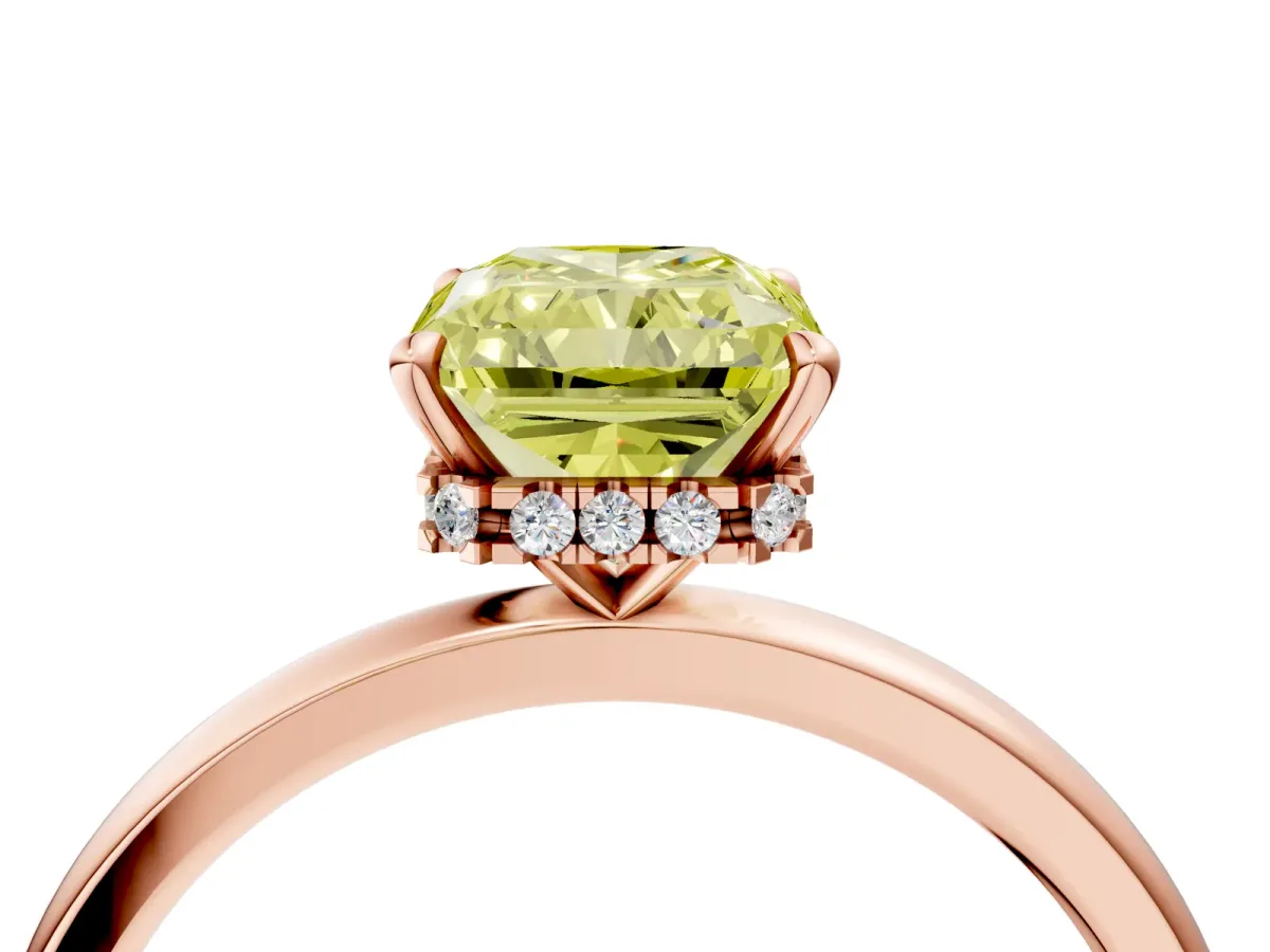 Fancy Yellow Radiant Cut Solitaire Engagement Ring with Cathedral Band and Four-Prong Setting Rose gold
