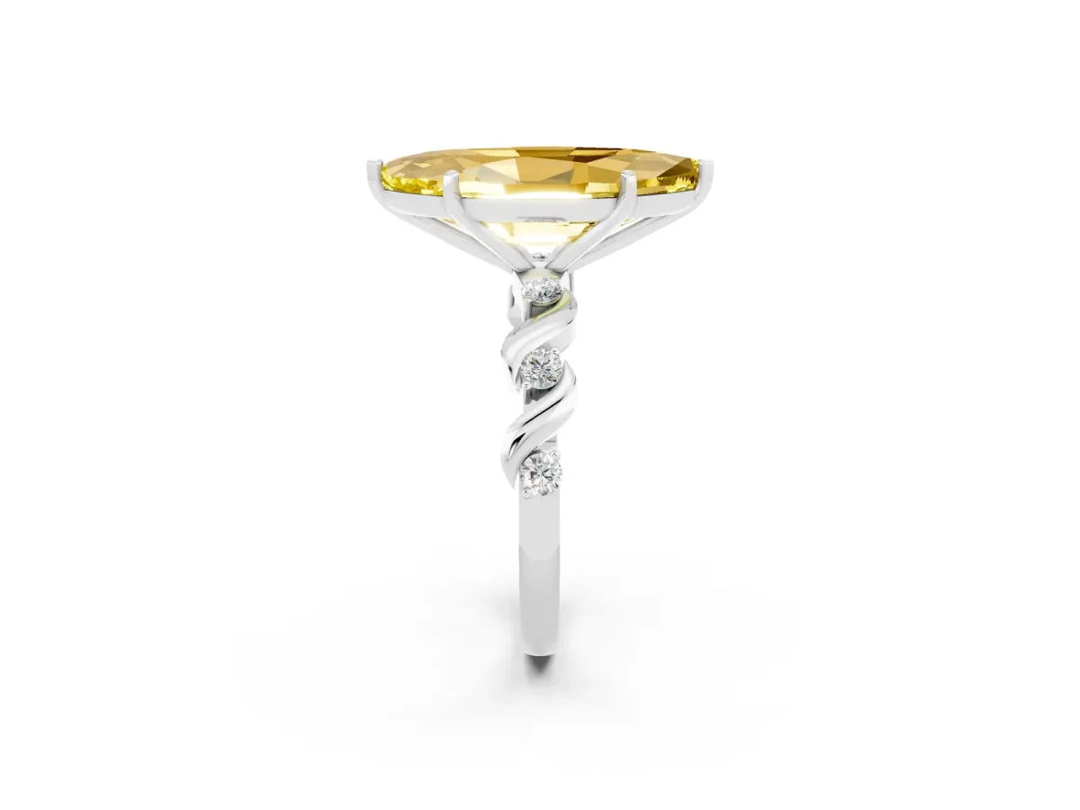 Marquise Cut Yellow Sapphire Solitaire Twisted Band with Round Accents and Prong Setting Platinum