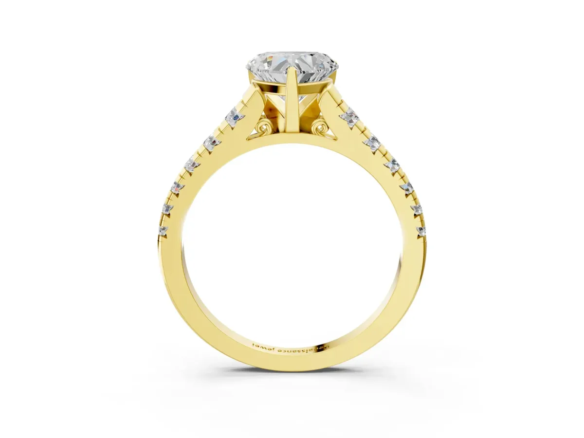 Heart Cut Diamond Cathedral Solitaire Ring with Round Moissanite Pavé Band Yellow gold