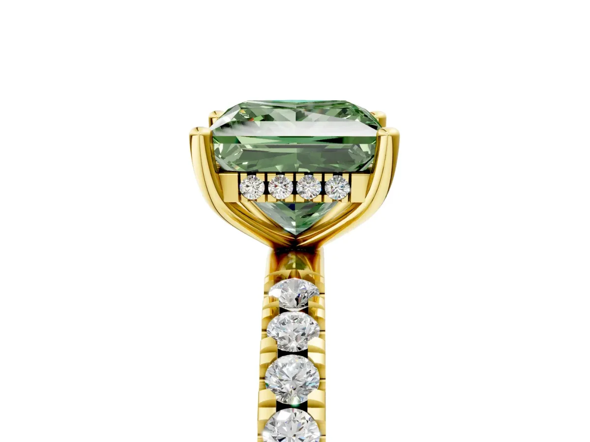 Fancy Green Princess Cut Diamond Pave Band Solitaire Ring with Round and Prong Setting Yellow gold