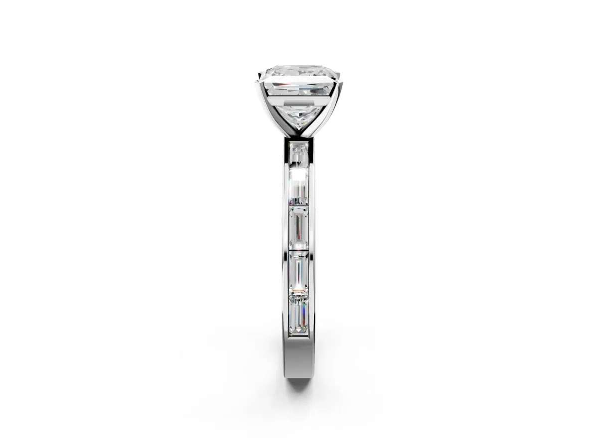 Princess Cut Solitaire Diamond Ring with Channel-Set Baguette Band and Four-Prong Setting White gold