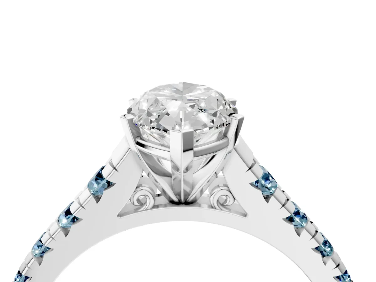 Marquise Cut Diamond Cathedral Solitaire Ring with Round Aquamarine Pavé Band White gold