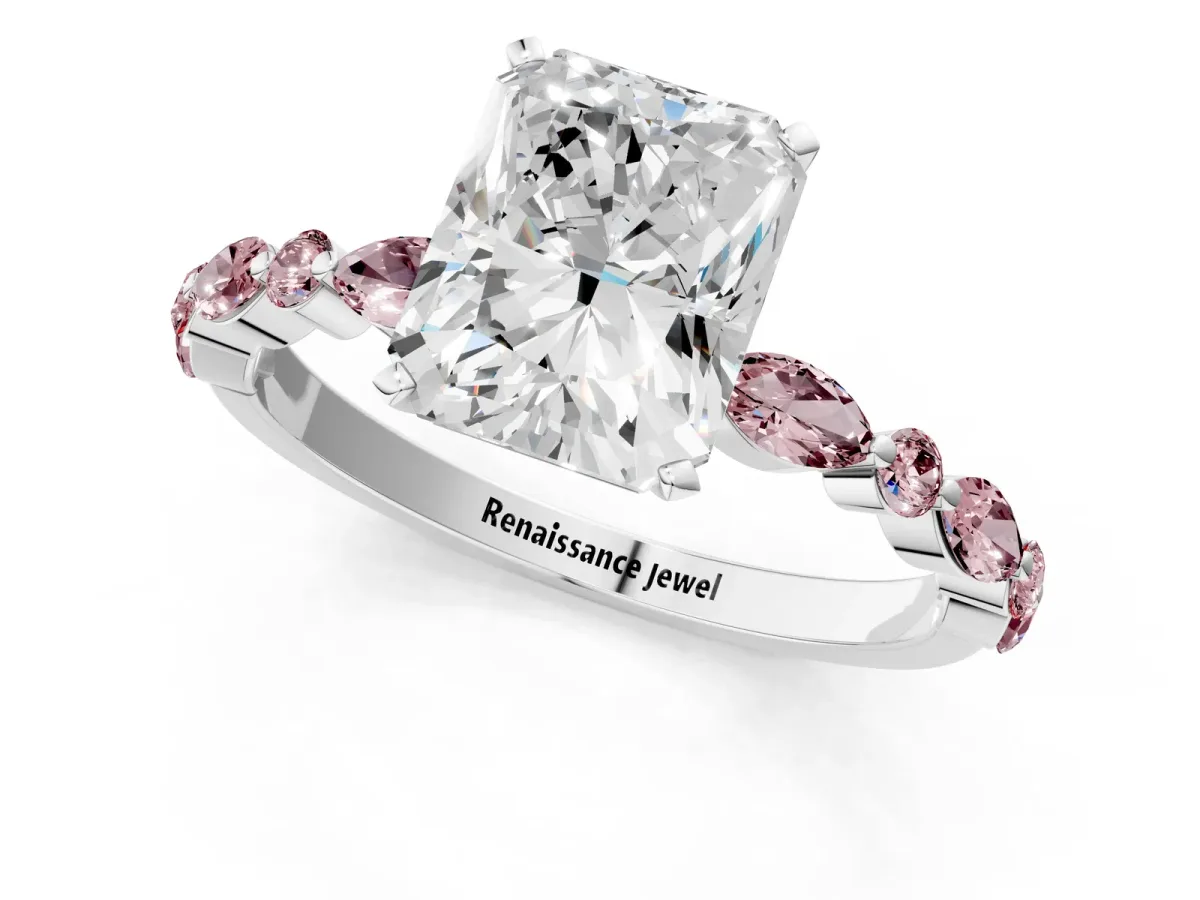 Radiant Cut Diamond Ring with Marquise and Round Morganite Side Stones and Four-Prong Setting White gold