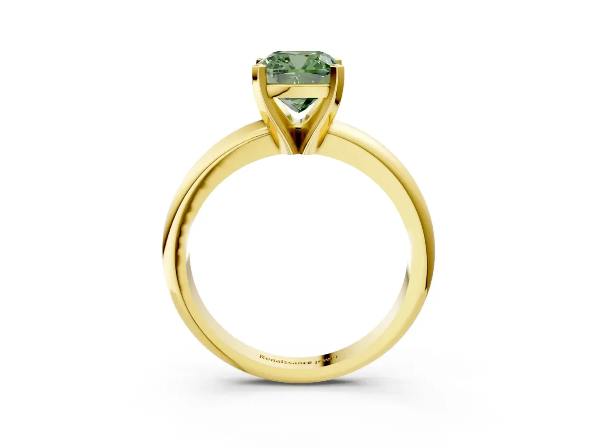 Fancy Green Cushion Cut Diamond Solitaire Engagement Ring with Round Band and Four-Prong Setting Yellow gold