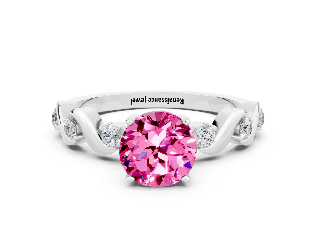 Round Cut Pink Sapphire Solitaire Twisted Band with Round Accents and Prong Setting White gold