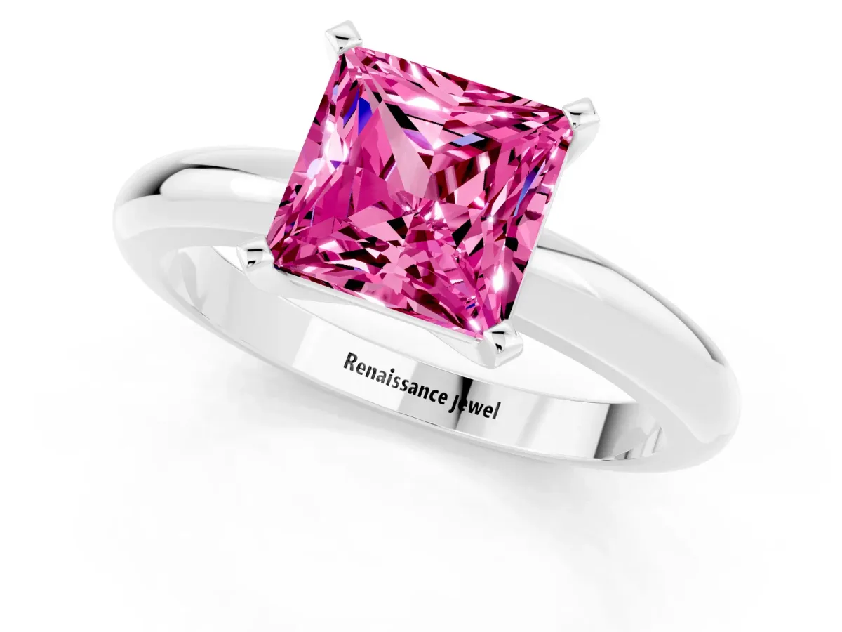 Princess Cut Pink Sapphire Solitaire Engagement Ring with Round Band and Four-Prong Setting White gold