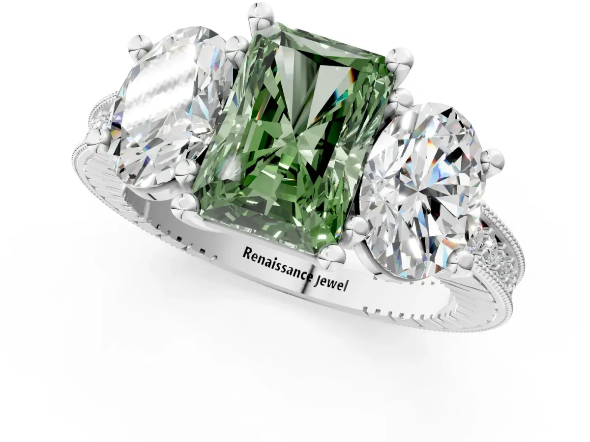 Fancy Green Three-Stone Radiant Cut Diamond Milgrain Pave Band with Prong Setting Platinum
