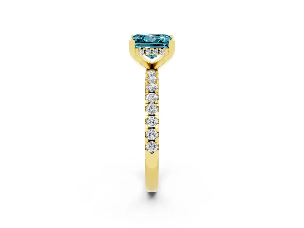 Princess Cut Blue Topaz Solitaire Ring with Round Pavé Band and Four-Prong Setting Yellow gold