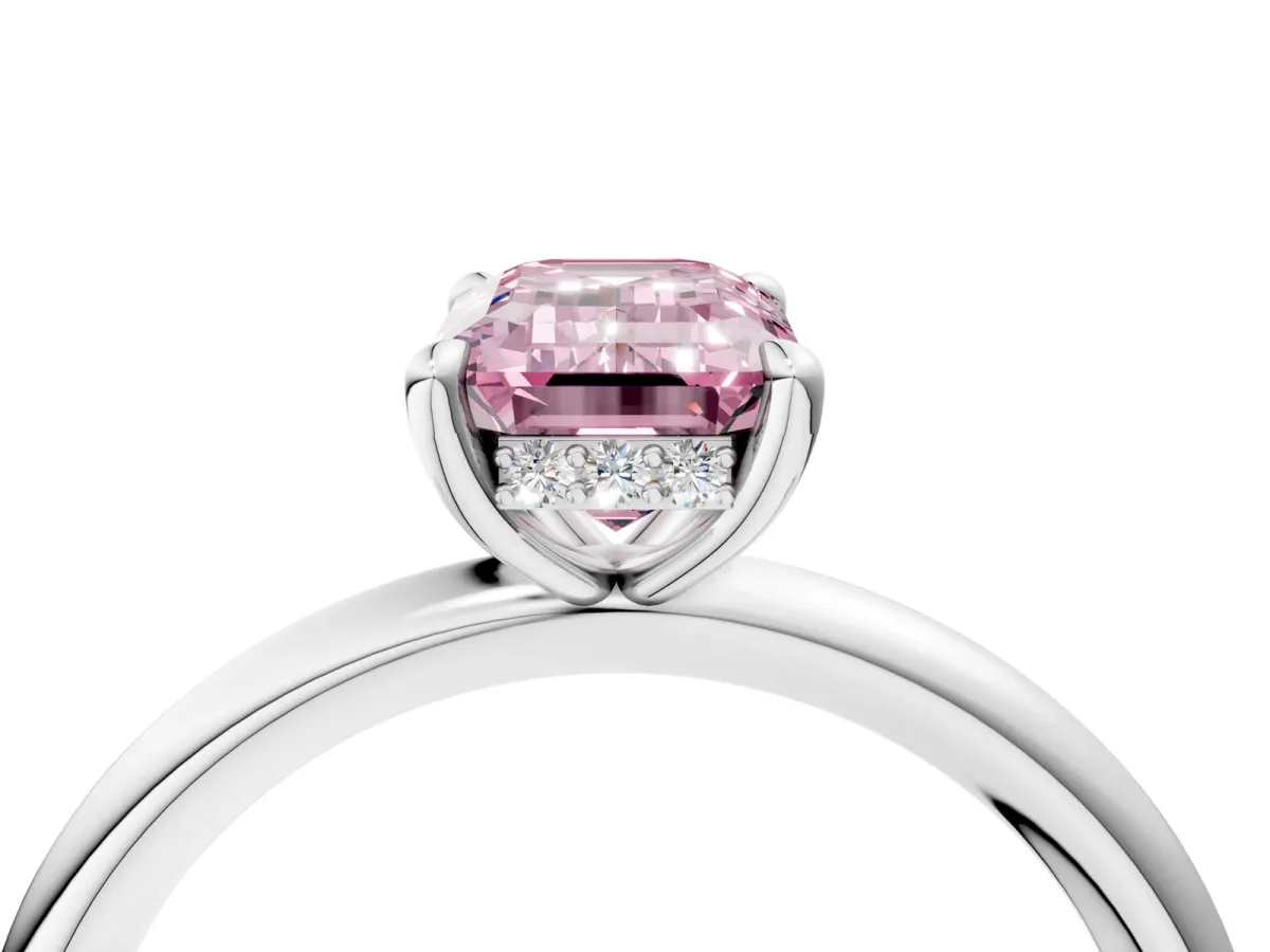 Fancy Pink Emerald Cut Diamond Solitaire Ring with Thin Band and Four-Prong Setting White gold
