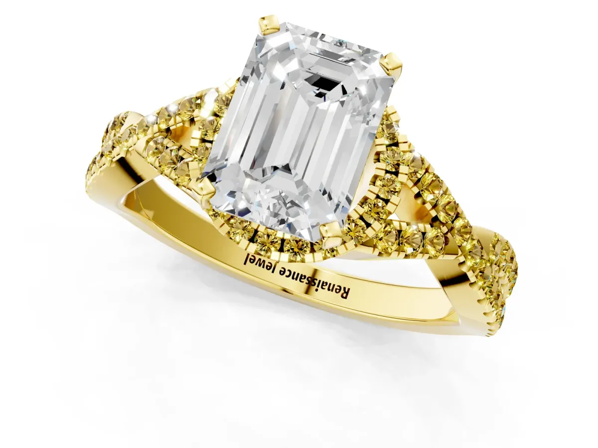 Emerald Cut Diamond Yellow Sapphire Halo Twist Band Solitaire Prong Setting Ring Yellow gold