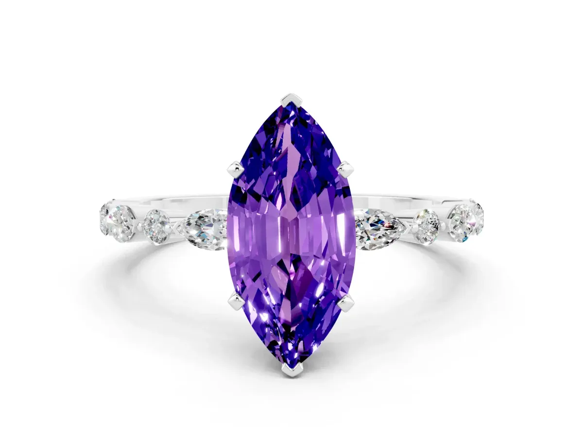 Marquise Cut Tanzanite Ring with Marquise and Round Side Stones and Four-Prong Setting White gold