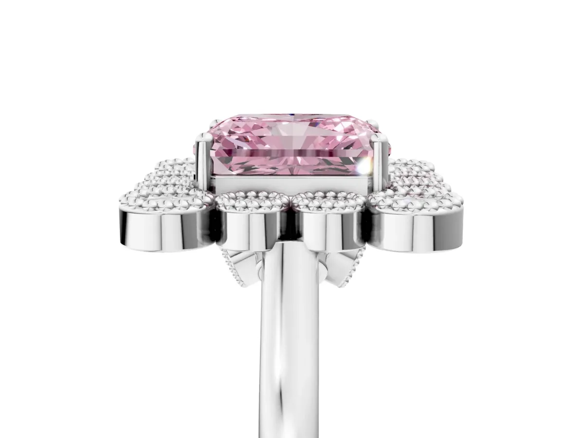 Fancy Pink Radiant Cut Halo Diamond Cluster Engagement Ring with Milgrain Bezel Setting and Solitaire Band Platinum