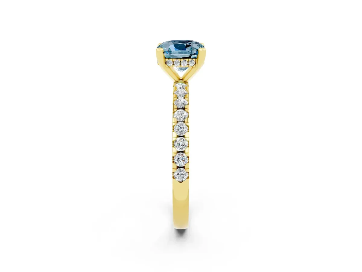 Cushion Cut Aquamarine Solitaire Ring with Round Pavé Band and Four-Prong Setting Yellow gold