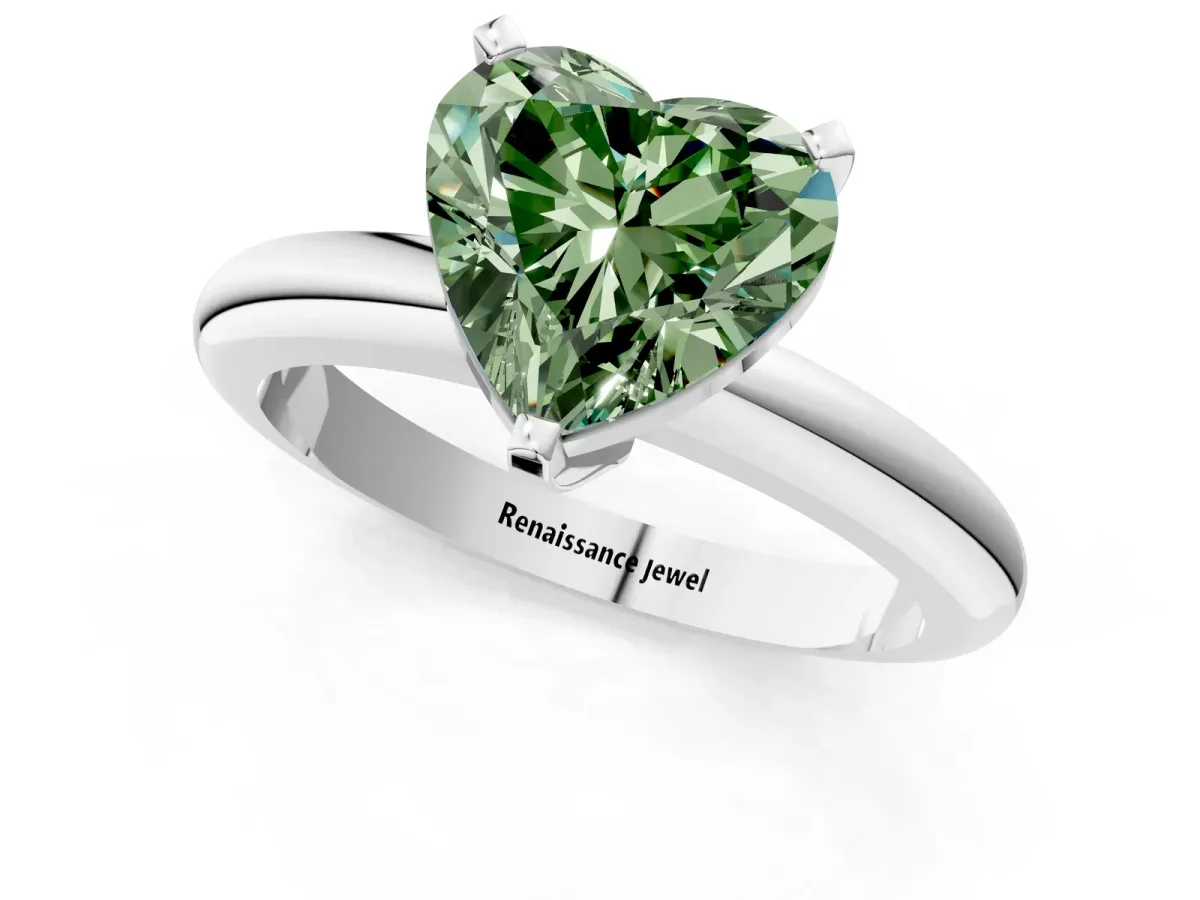 Fancy Green Heart Cut Diamond Solitaire Engagement Ring with Round Band and Four-Prong Setting White gold