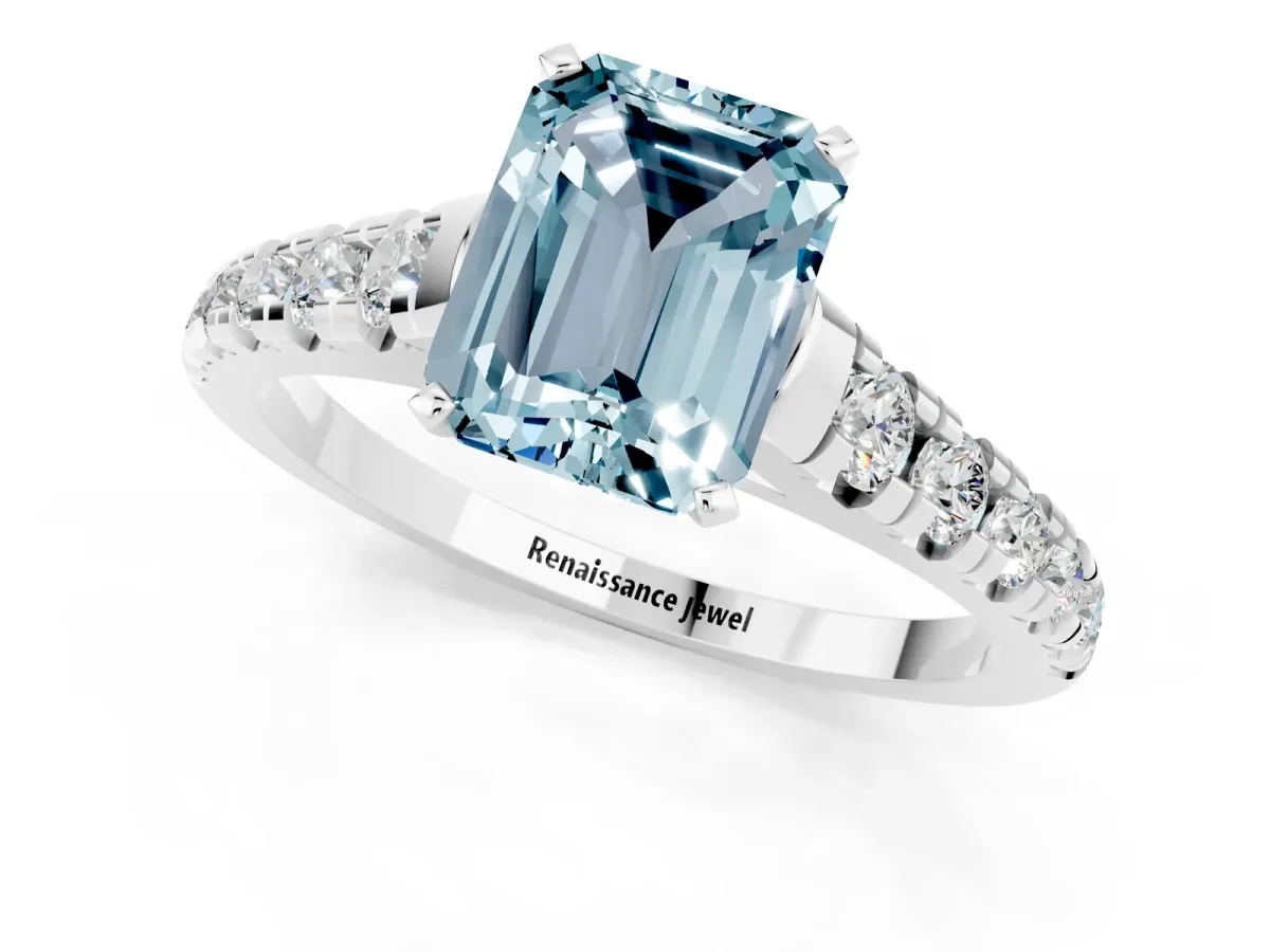 Emerald Cut Aquamarine Cathedral Solitaire Ring with Round Pavé Band Platinum