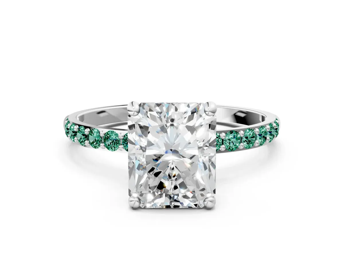 Radiant Cut Diamond Solitaire Ring with Round Green Sapphire Pavé Band and Prong Setting White gold