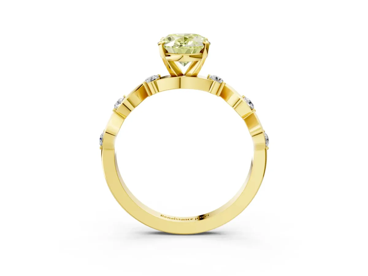 Fancy Yellow Oval Cut Diamond Solitaire Twisted Band with Round Accents and Prong Setting Yellow gold