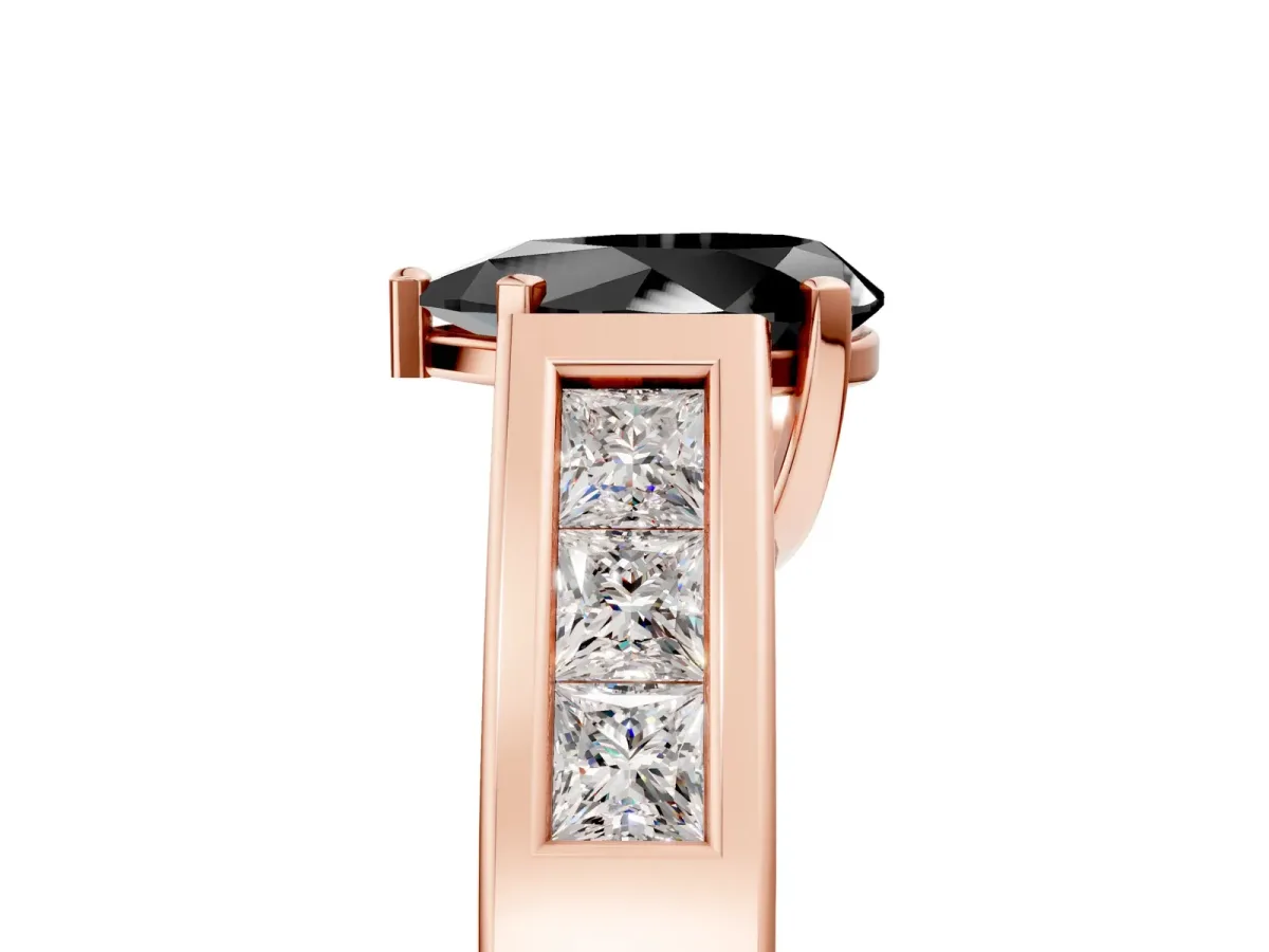 Fancy Black Pear Cut Cut Channel Set Solitaire Ring with Four-Prong Setting Rose gold
