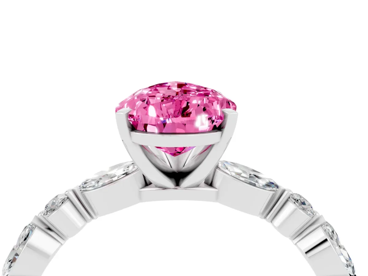 Pear Cut Pink Sapphire Ring with Marquise and Round Side Stones and Four-Prong Setting White gold