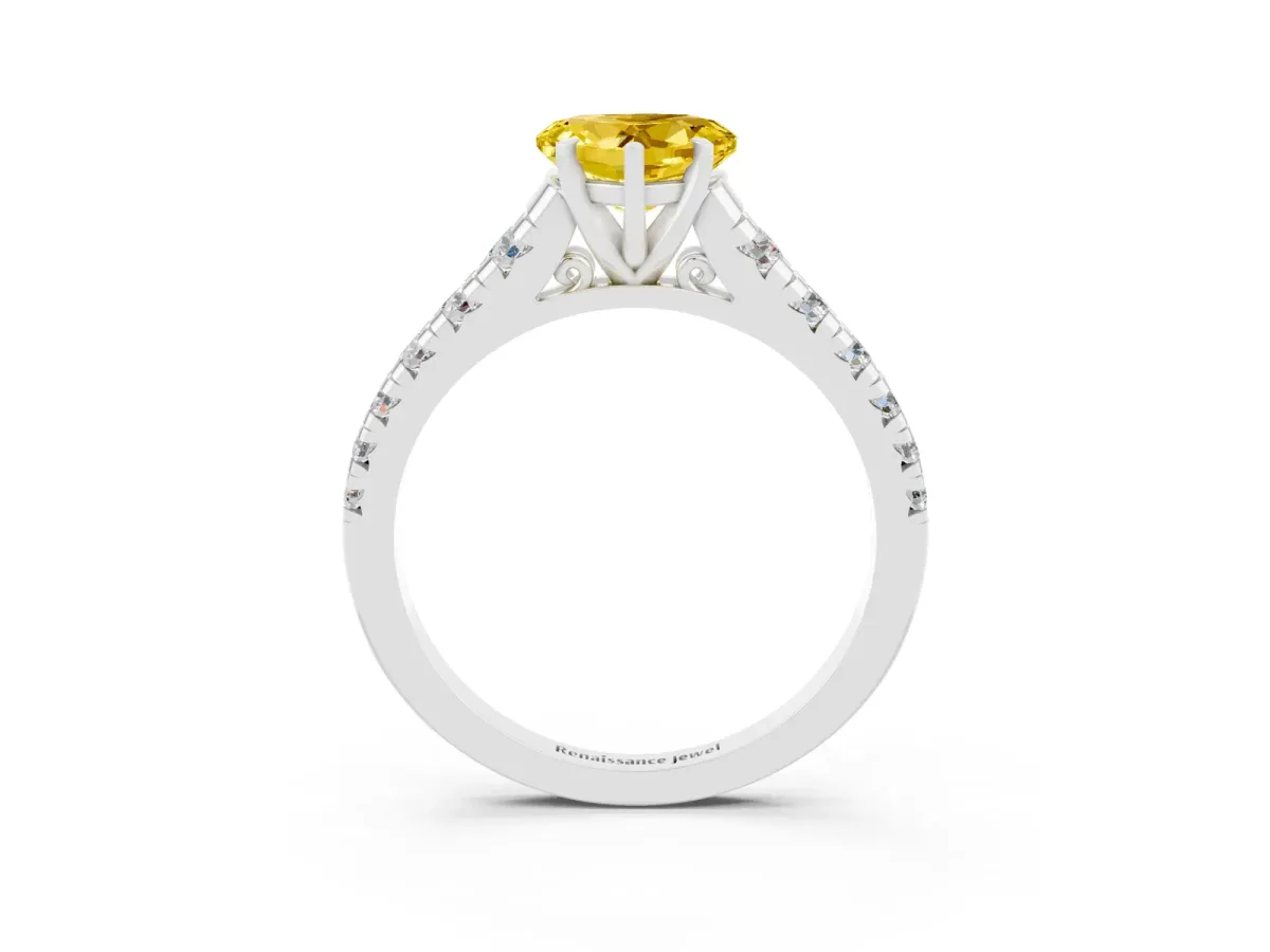 Heart Cut Yellow Sapphire Cathedral Solitaire Ring with Round Pavé Band White gold