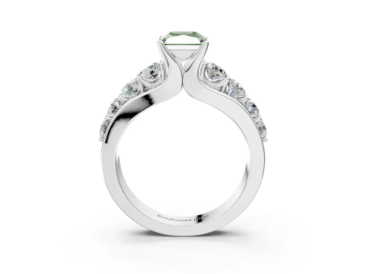 Fancy Green Radiant Cut Brilliant Solitaire with Side Stones on a Pave Band and Four-Prong Setting Platinum