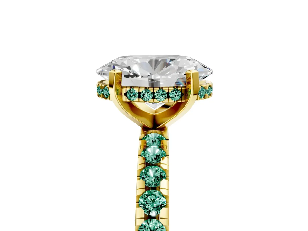 Oval Cut Diamond Solitaire Ring with Round Green Sapphire Pavé Band and Four-Prong Setting Yellow gold