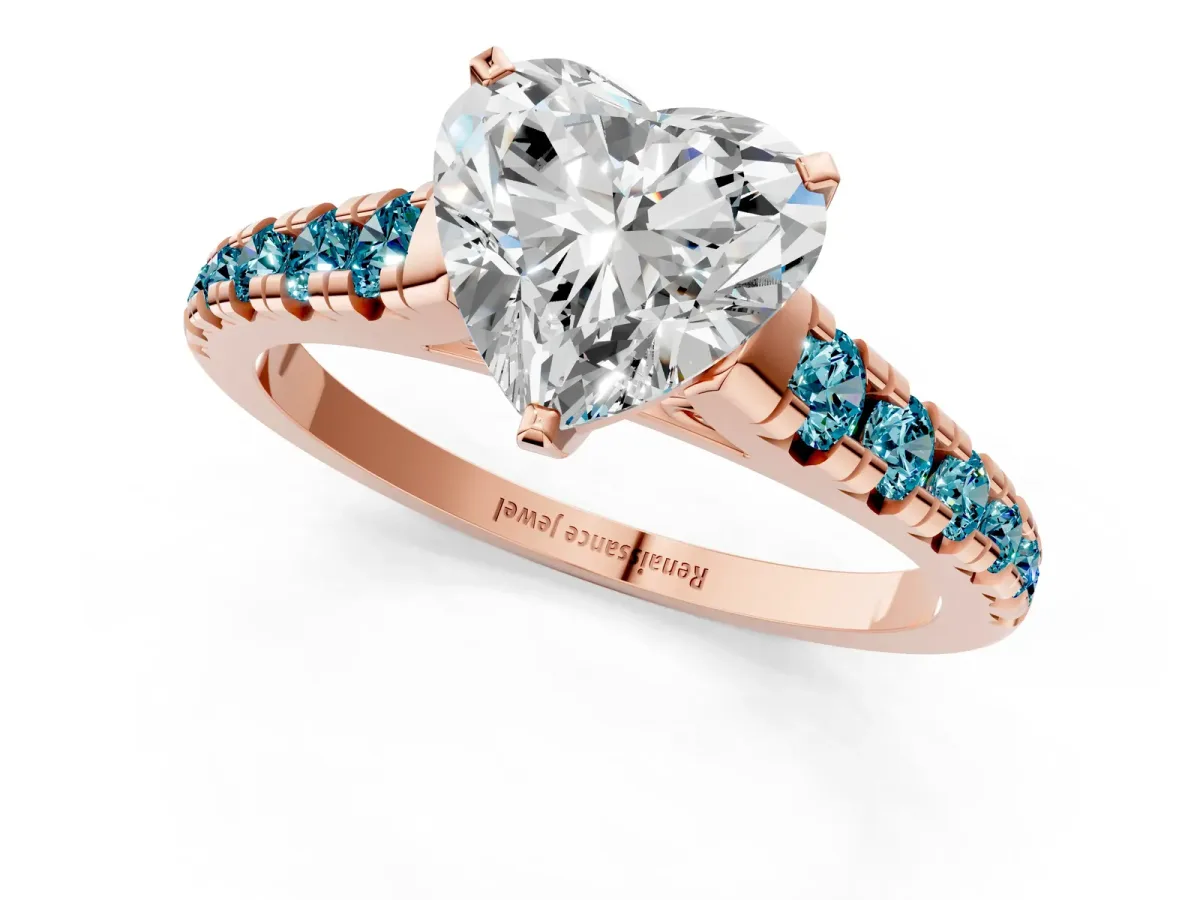 Heart Cut Diamond Cathedral Solitaire Ring with Round Blue Topaz Pavé Band Rose gold