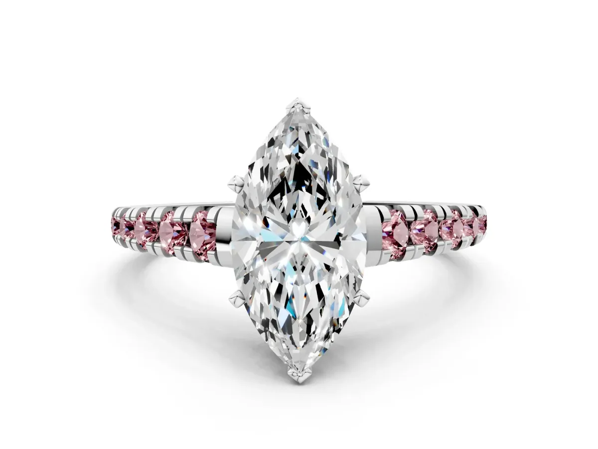Marquise Cut Diamond Cathedral Solitaire Ring with Round Morganite Pavé Band Silver