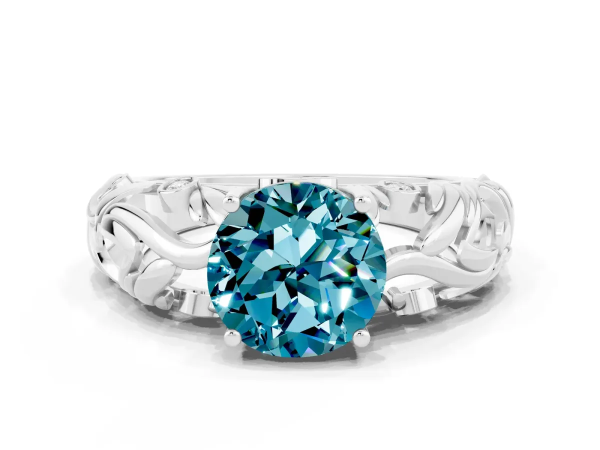 Round Cut Solitaire Blue Topaz Leaf-Inspired Vine Band Ring with Prong Setting Silver