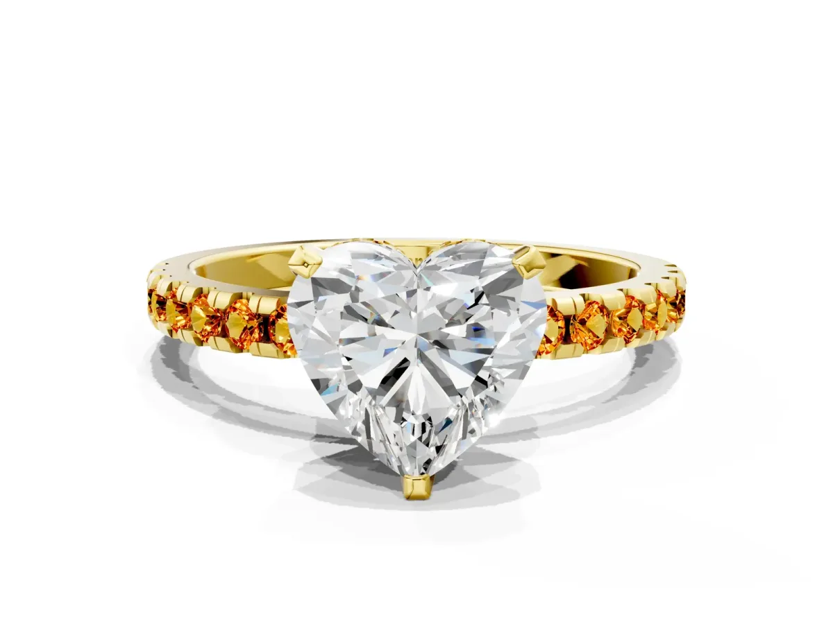 Heart Cut Diamond Solitaire Ring with Round Citrine Pavé Band and Four-Prong Setting Yellow gold