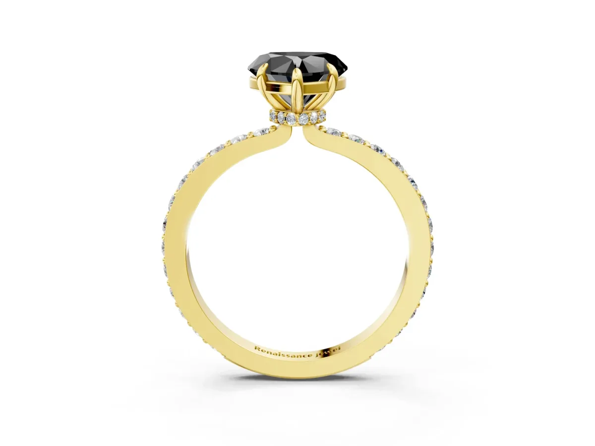 Fancy Black Heart Cut Diamond Solitaire Engagement Ring with Pavé Band and Four-Prong Setting Yellow gold