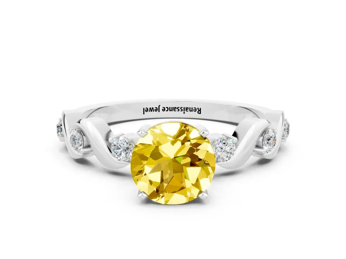 Round Cut Yellow Sapphire Solitaire Twisted Band with Round Accents and Prong Setting White gold