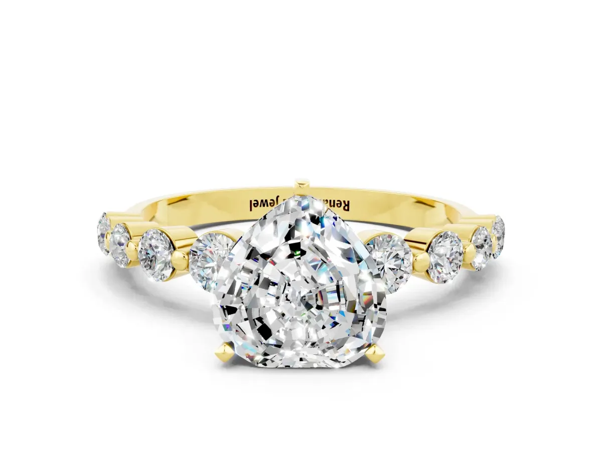 Heart Cut Solitaire Moissanite Ring with Pave Band and Four-Prong Setting Yellow gold
