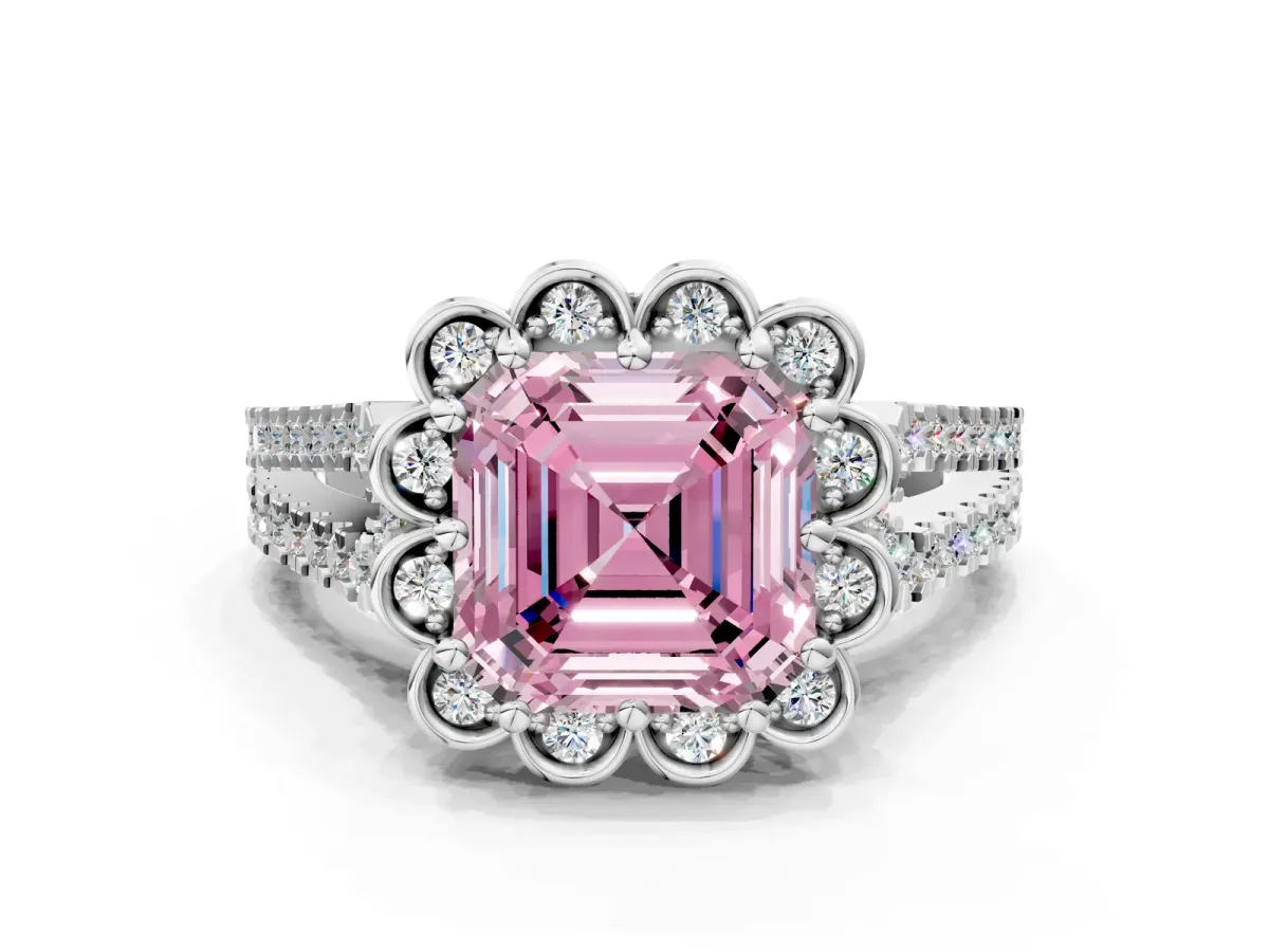 Fancy Pink Asscher Cut Halo Diamond Floral Split Shank Engagement Ring Platinum