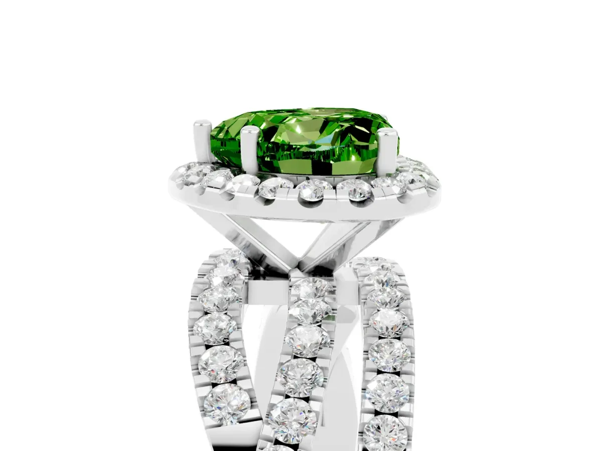 Heart Cut Peridot Halo Ring with Round Split Shank and Prong Setting Platinum