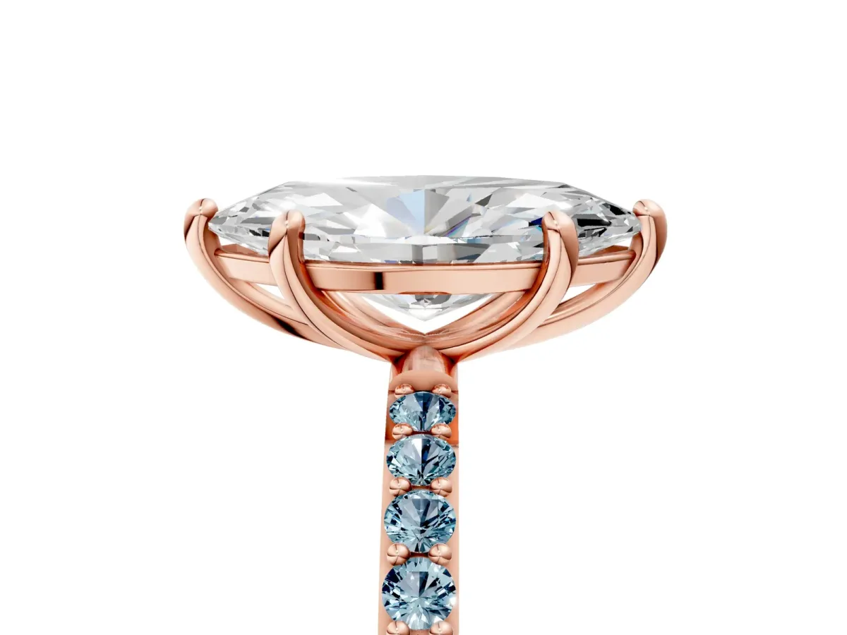 Marquise Cut Diamond Solitaire Ring with Round Aquamarine Pavé Band and Prong Setting Rose gold