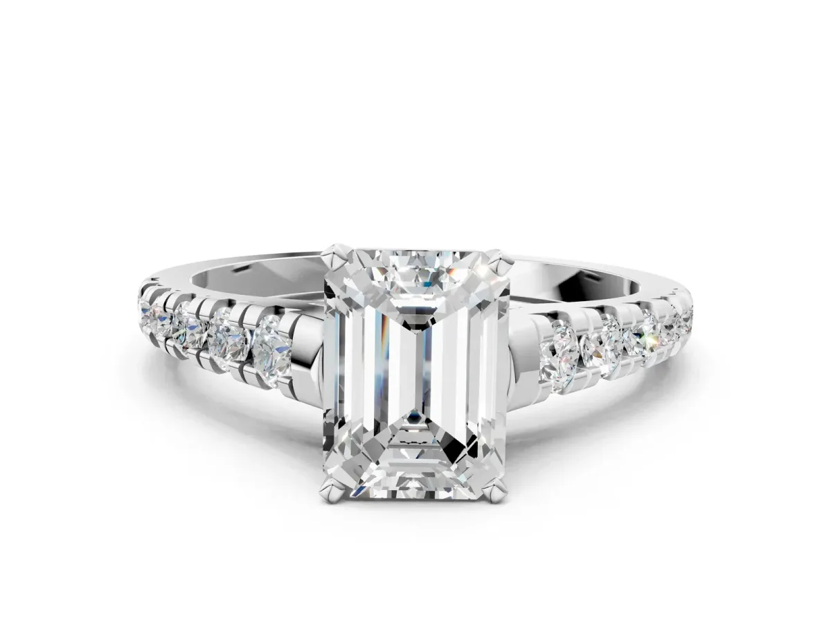 Emerald Cut Diamond Cathedral Solitaire Ring with Round Moissanite Pavé Band Platinum