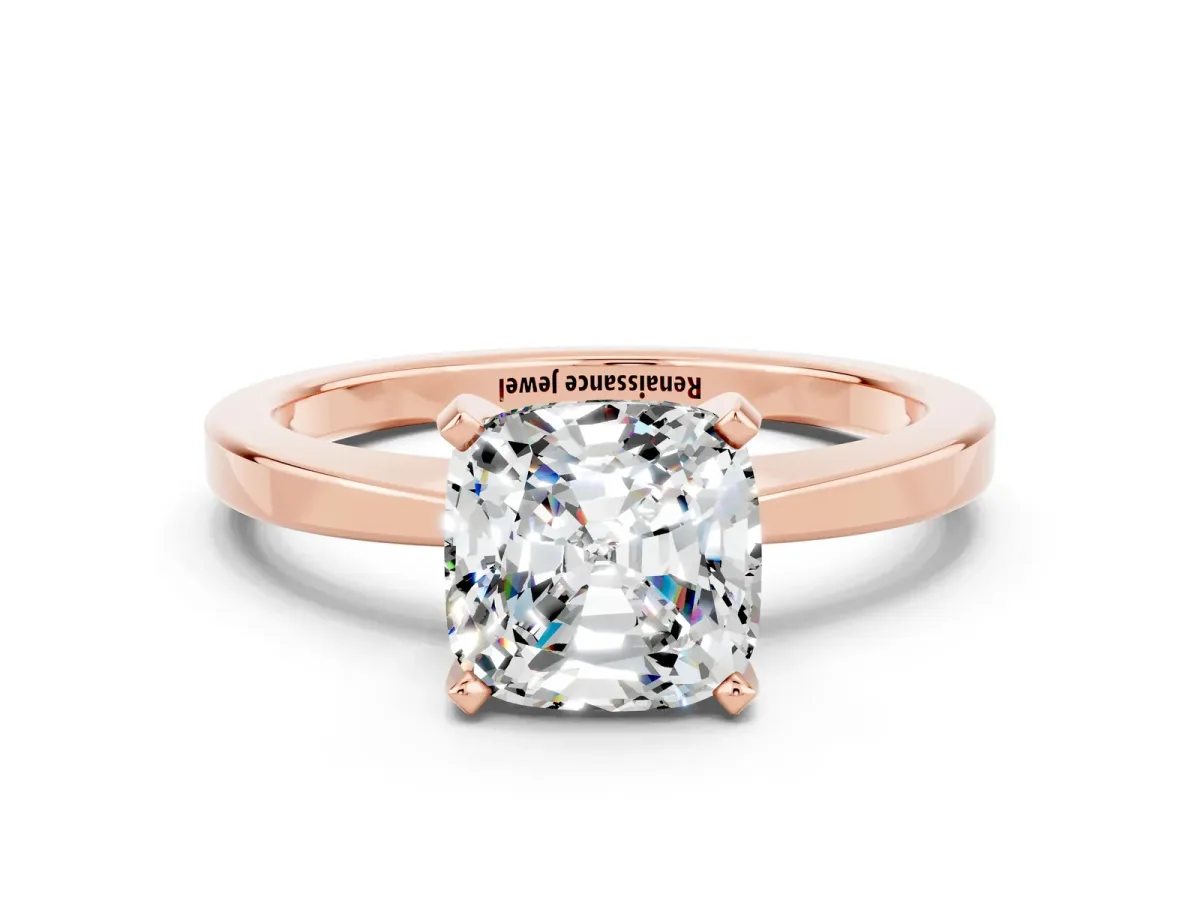 Cushion Cut Moissanite Solitaire Engagement Ring with Classic Band and Four-Prong Setting Rose gold